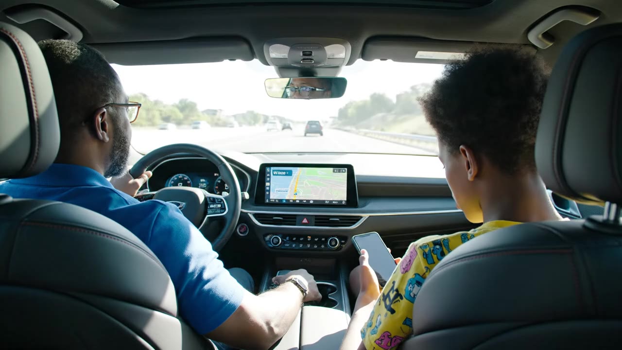 Father and son talking investing on a long highway drive