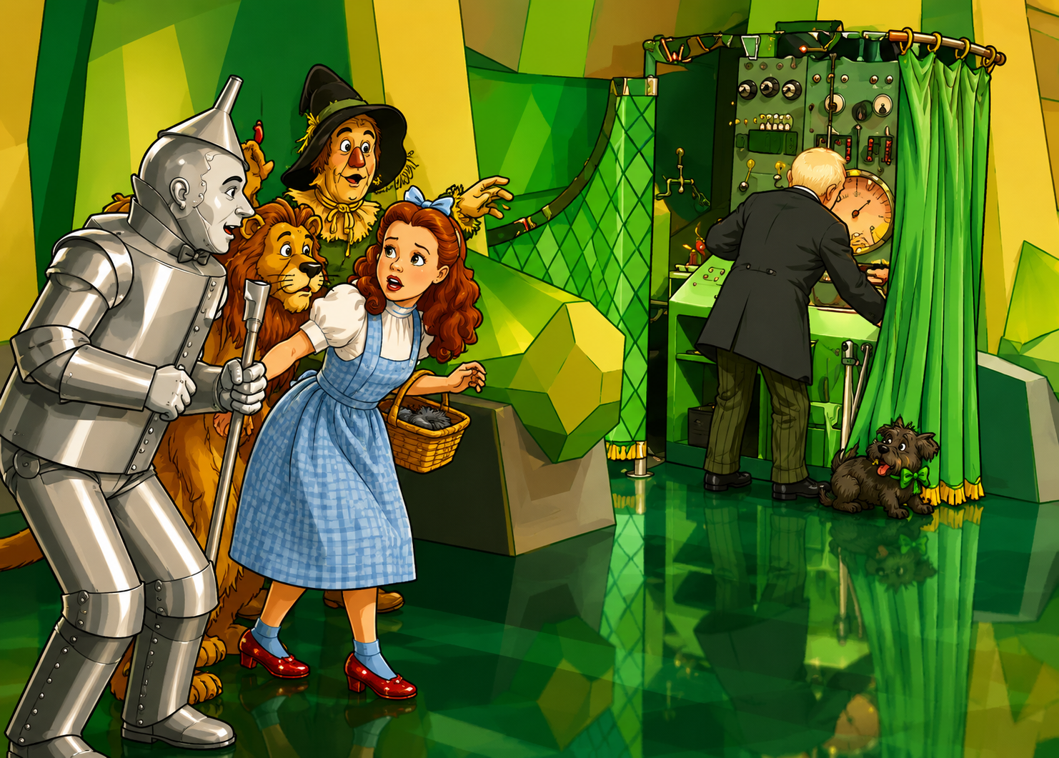 Illustration of a man working levers behind a green curtain, echoing the man behind the curtain in The Wizard of Oz