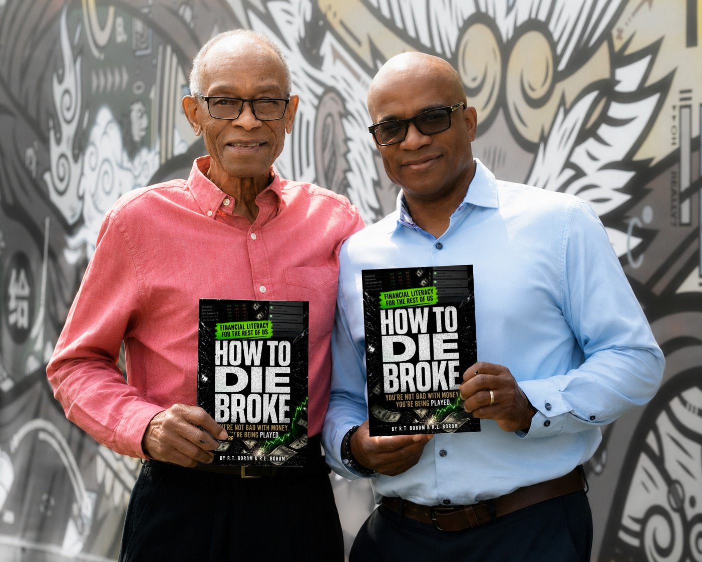 R.L. Borom and R.T. Borom holding How to Die Broke
